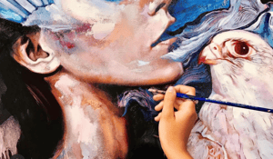 Woman  painitng portrait art pink blue